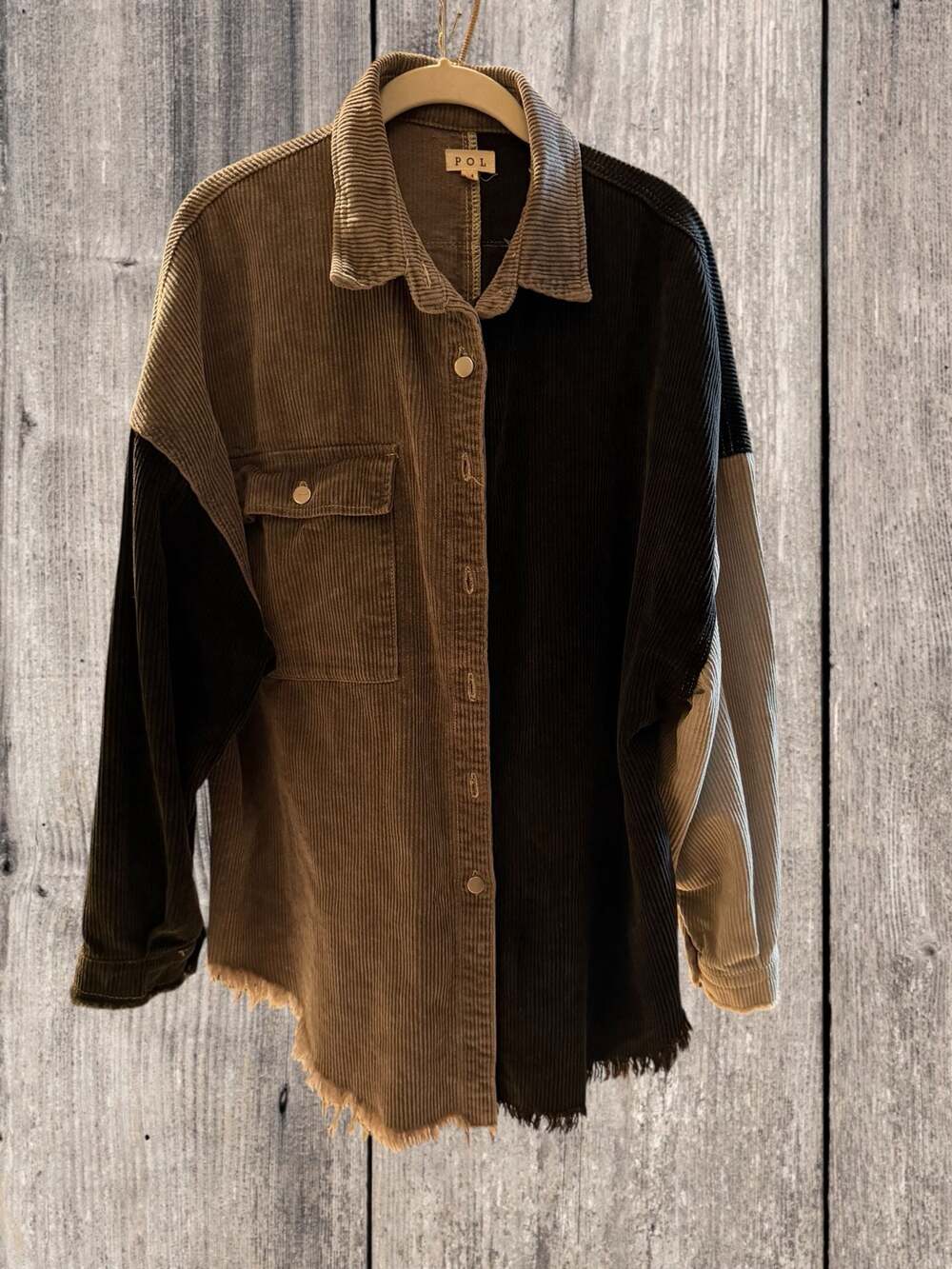 POL Clothing Patchwork Colorblock Corduroy Shacket with Raw Hem and Star Patch